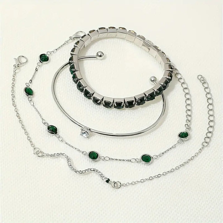 Jhacy | Women’s bracelet set with green gem stone accents and crystal details