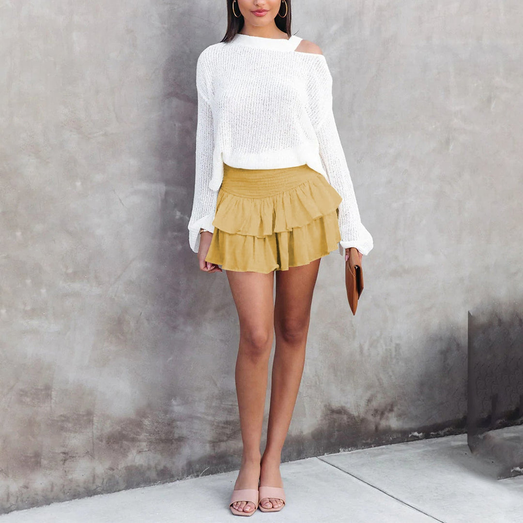 Pearl | Women’s ruffle mini skirt with smocked waistband and built-in shorts