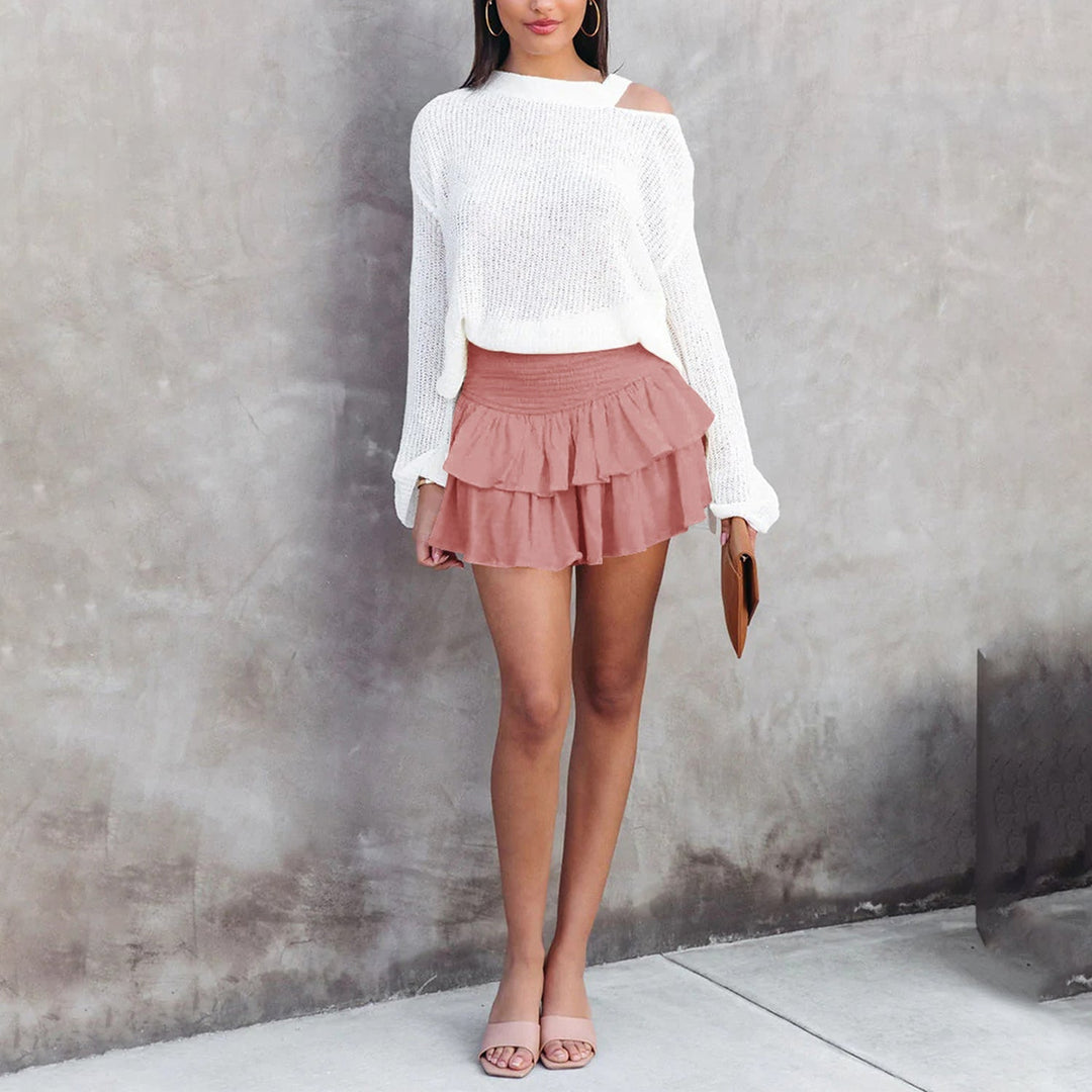 Pearl | Women’s ruffle mini skirt with smocked waistband and built-in shorts