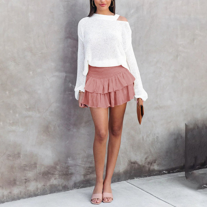 Pearl | Women’s ruffle mini skirt with smocked waistband and built-in shorts