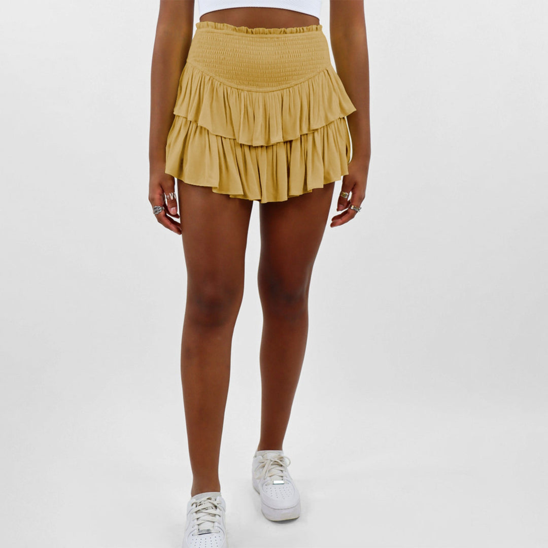 Pearl | Women’s ruffle mini skirt with smocked waistband and built-in shorts