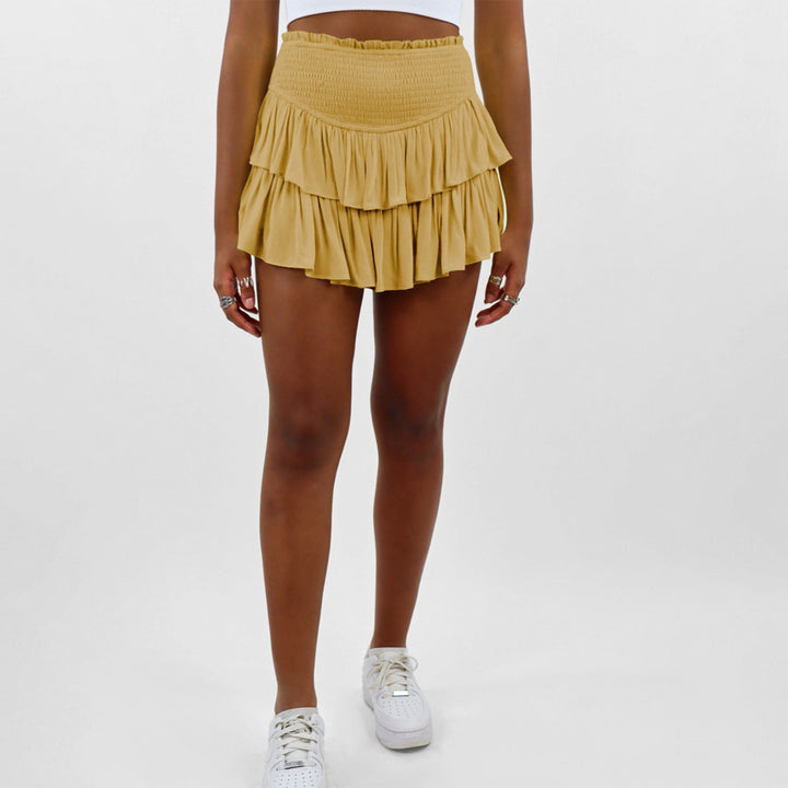 Pearl | Women’s ruffle mini skirt with smocked waistband and built-in shorts