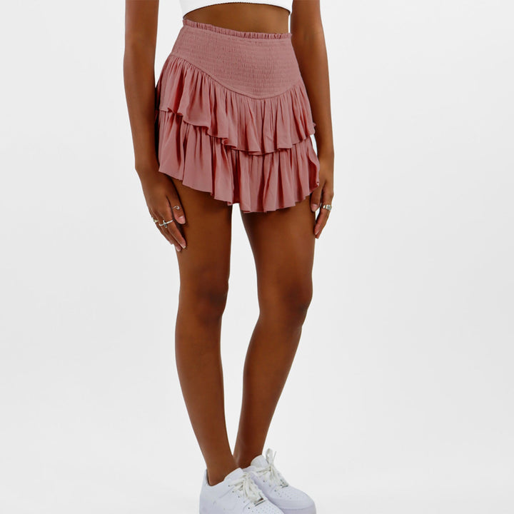 Pearl | Women’s ruffle mini skirt with smocked waistband and built-in shorts