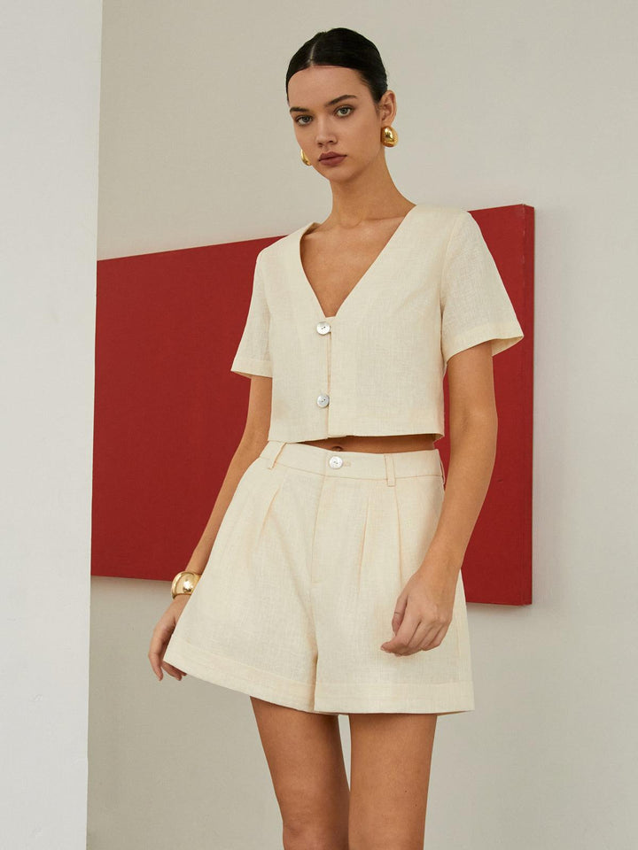 Mina | Women’s two-piece short set with v-neck crop top and pleated shorts