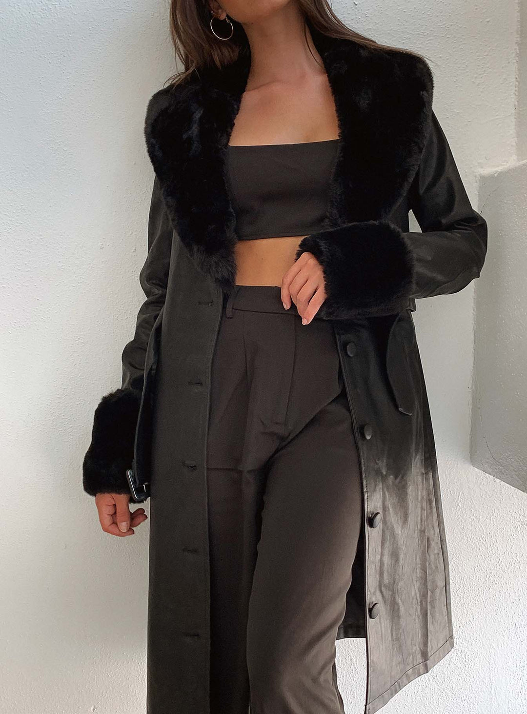 Kyla | Women’s long vegan leather coat with faux fur trim and waist belt