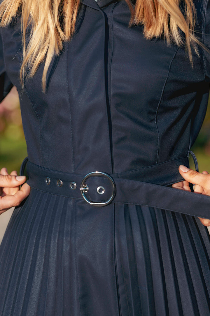 Arnita | Women’s elegant pleated trench coat with belted waist and removable hood