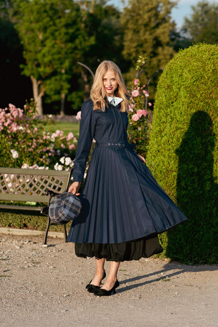 Arnita | Women’s elegant pleated trench coat with belted waist and removable hood