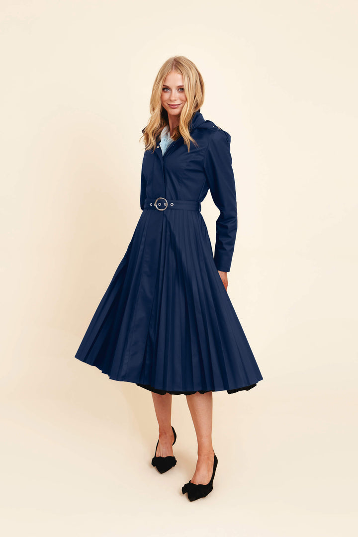 Arnita | Women’s elegant pleated trench coat with belted waist and removable hood