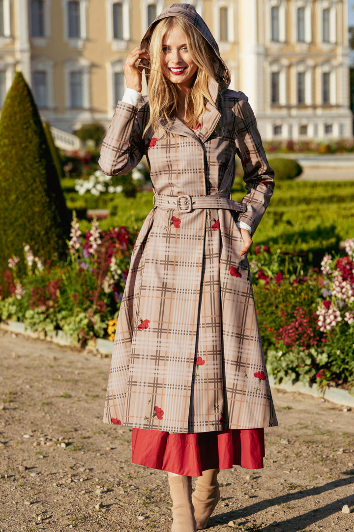 Cassandra | Women’s plaid belted trench coat with detachable hood