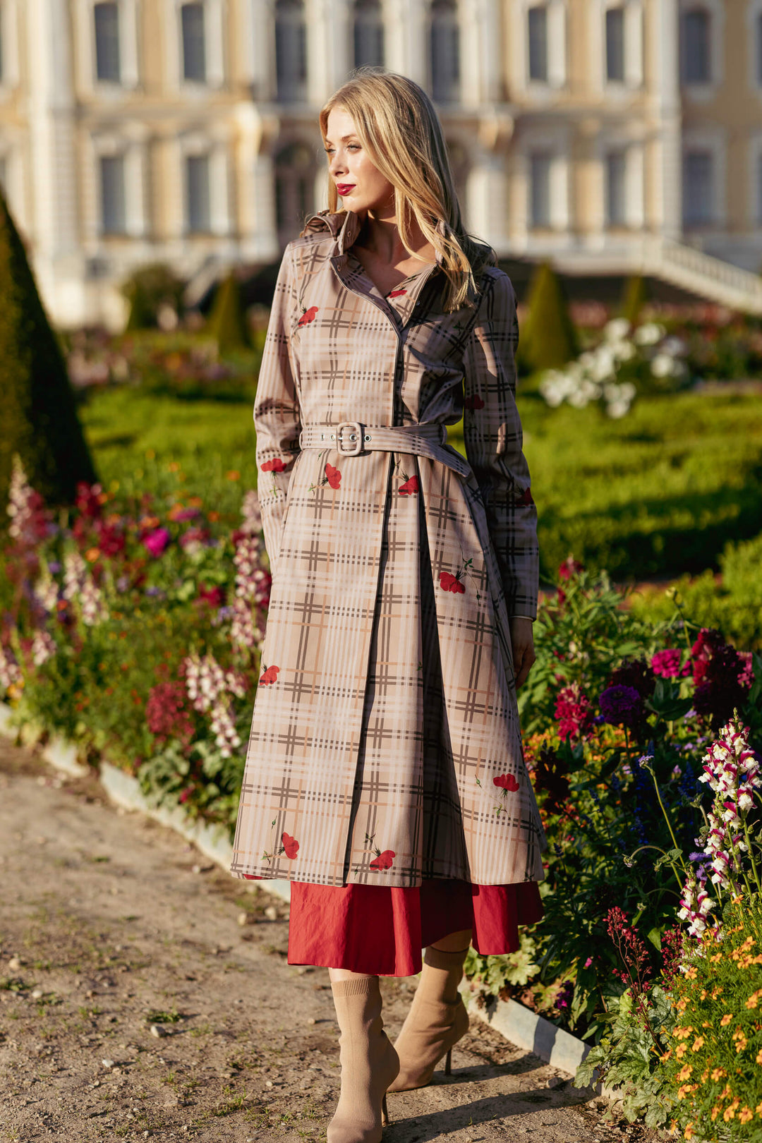 Cassandra | Women’s plaid belted trench coat with detachable hood