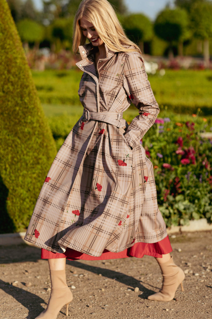 Cassandra | Women’s plaid belted trench coat with detachable hood