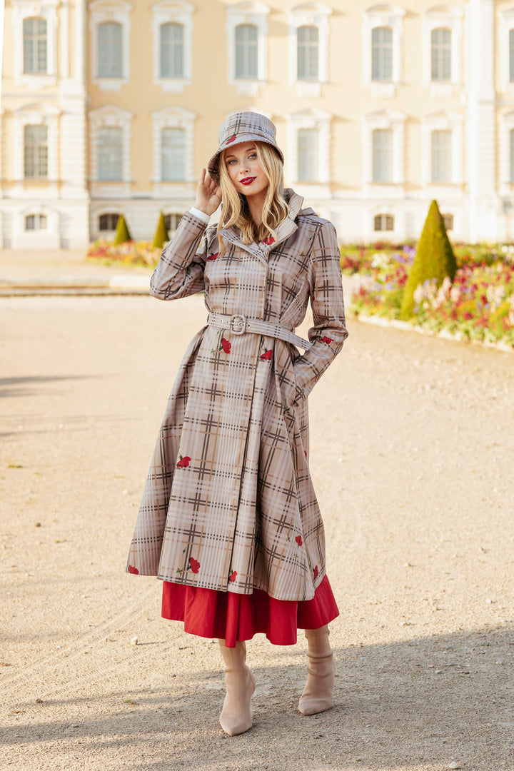 Cassandra | Women’s plaid belted trench coat with detachable hood