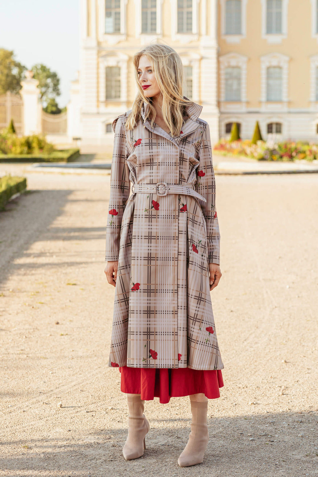 Cassandra | Women’s plaid belted trench coat with detachable hood
