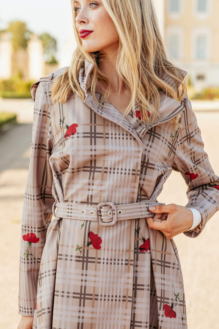 Cassandra | Women’s plaid belted trench coat with detachable hood