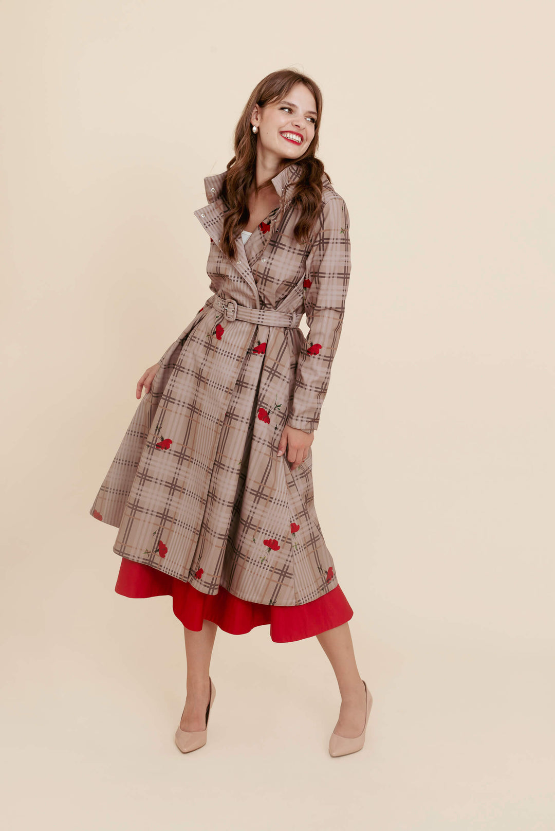 Cassandra | Women’s plaid belted trench coat with detachable hood