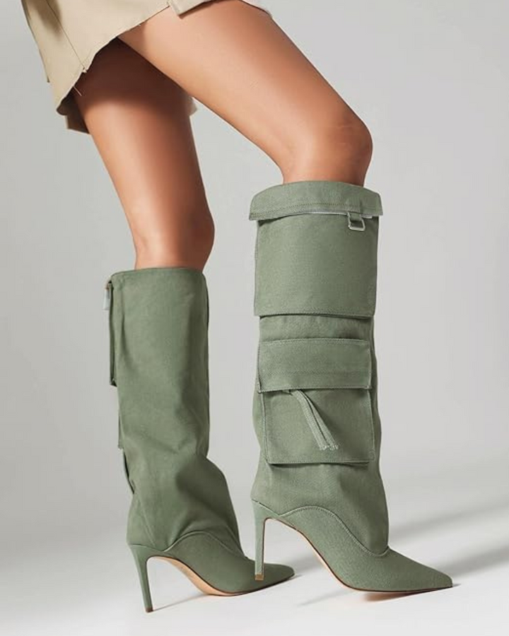 Carmella | Women’s knee-high denim stiletto boots with pocket detail