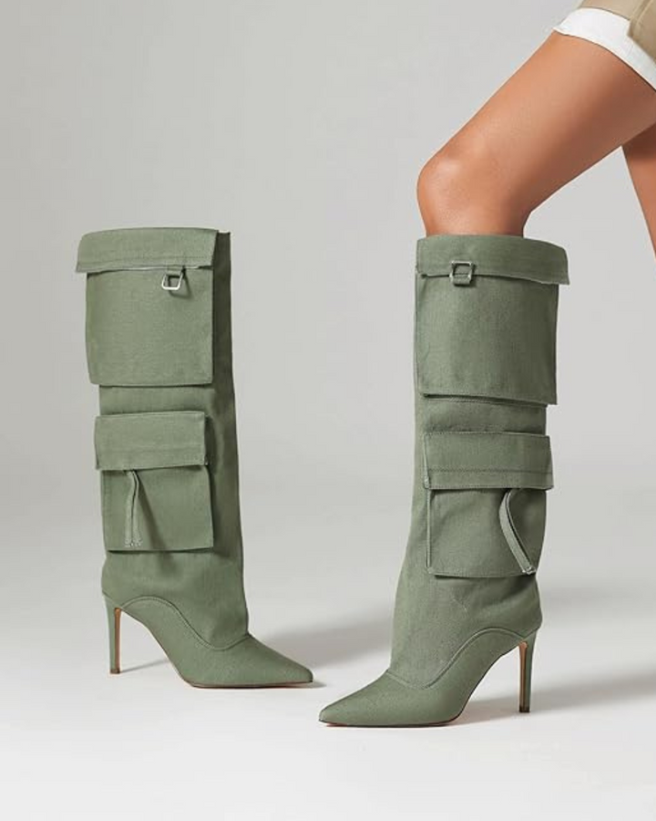 Carmella | Women’s knee-high denim stiletto boots with pocket detail