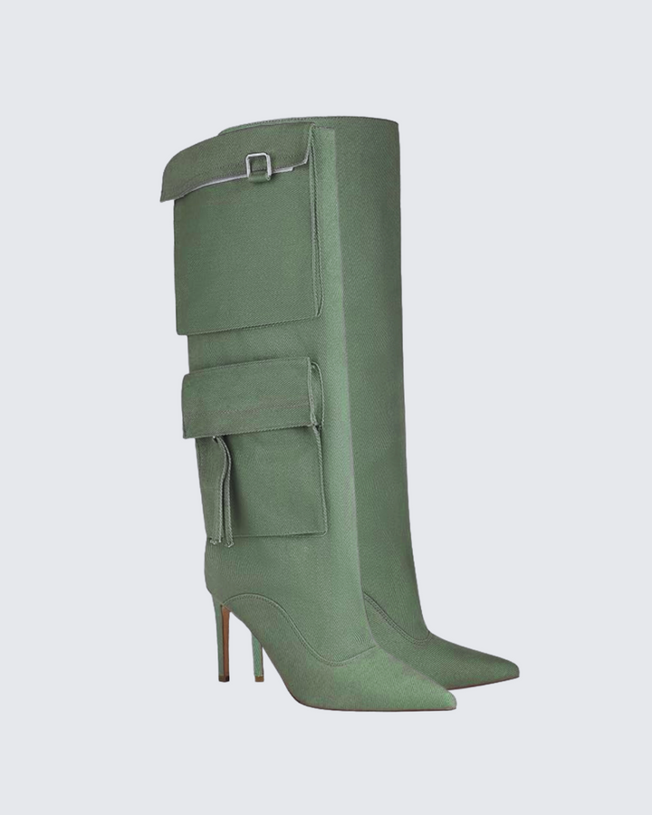 Carmella | Women’s knee-high denim stiletto boots with pocket detail