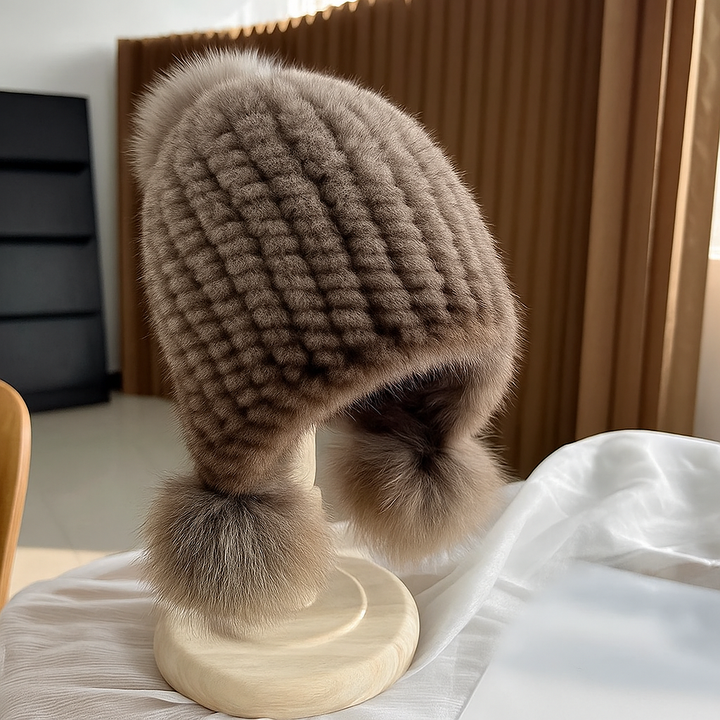 Alianna | Women’s mink fur beanie with fox fur pompoms