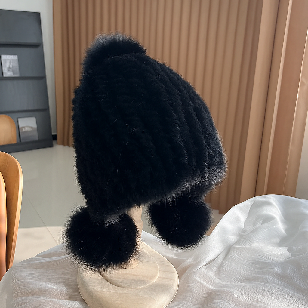 Alianna | Women’s mink fur beanie with fox fur pompoms