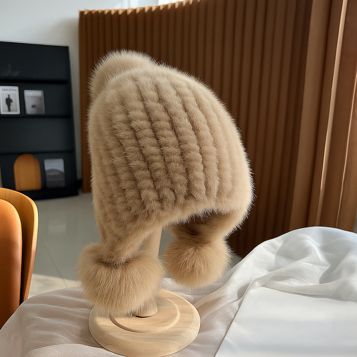 Alianna | Women’s mink fur beanie with fox fur pompoms