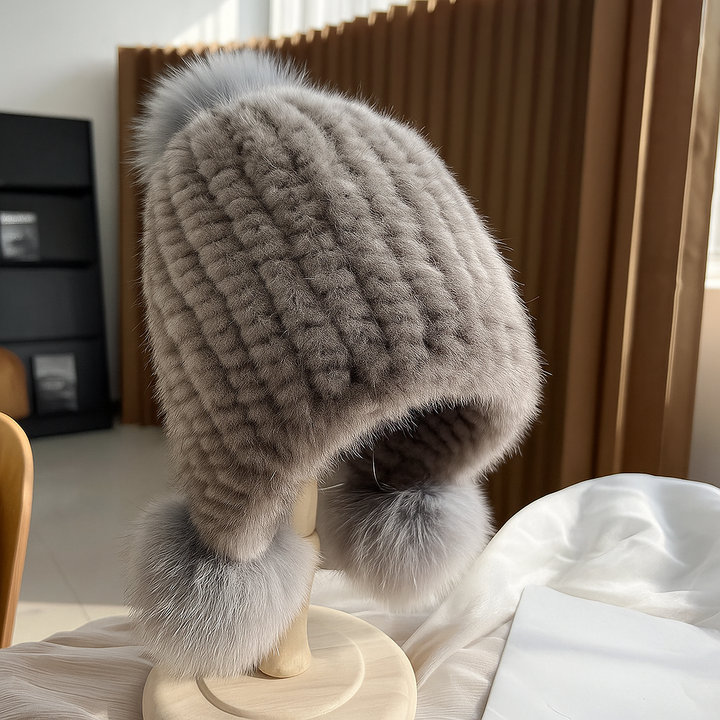 Alianna | Women’s mink fur beanie with fox fur pompoms