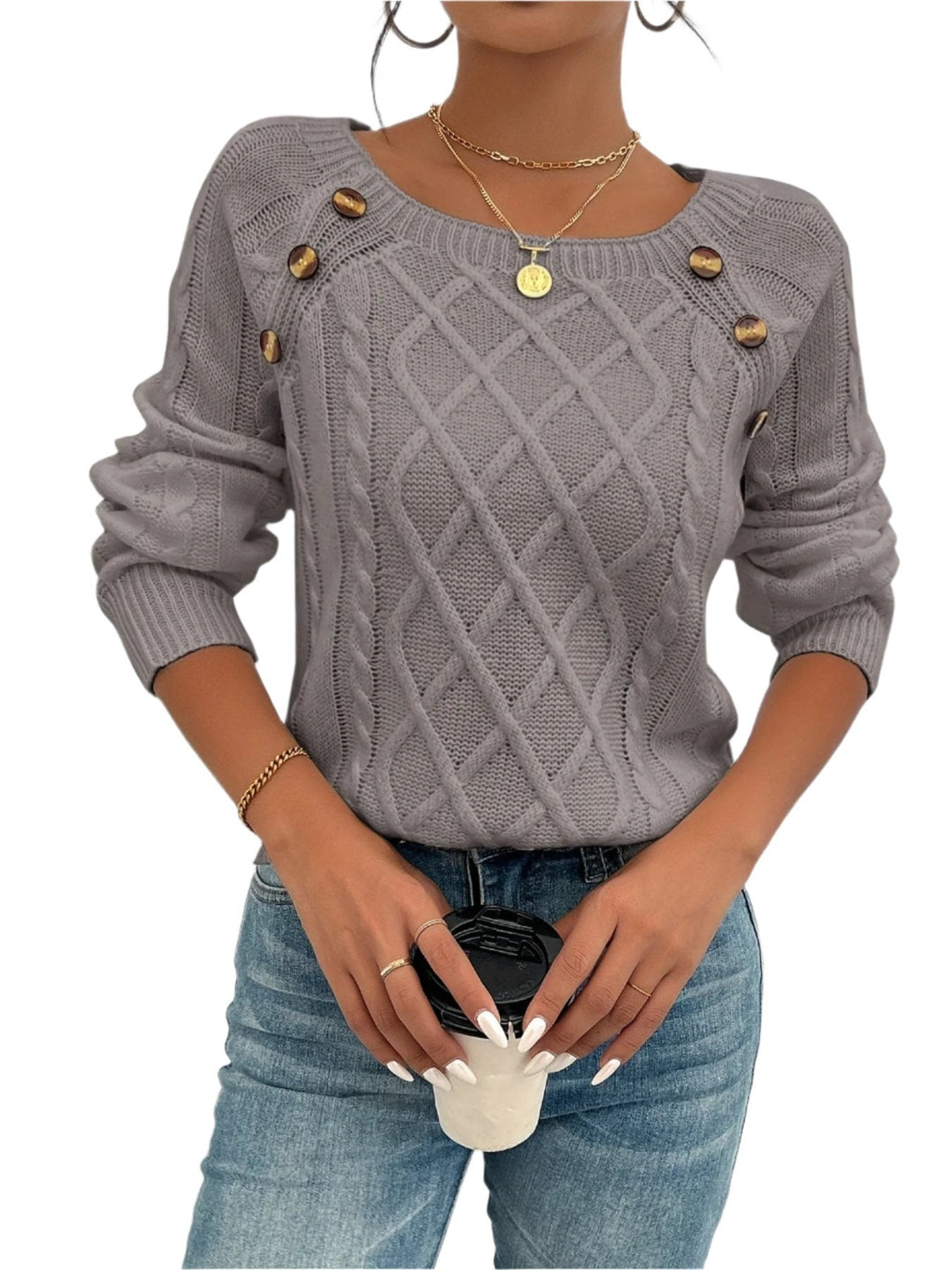 Ana | Women's cable pattern knitted sweater with crew neckline