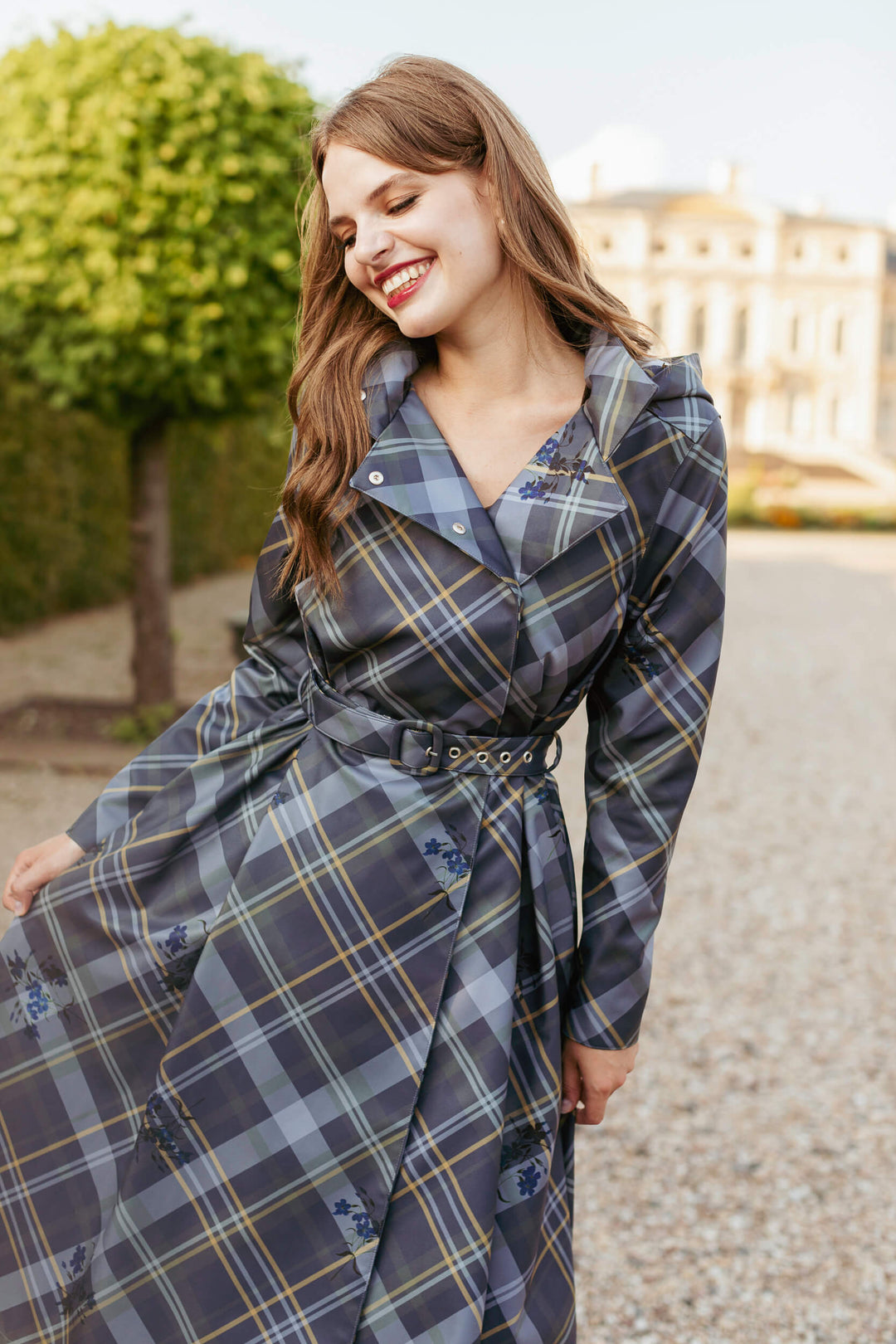 Sandara | Women’s plaid double-breasted trench coat with belt and detachable hood