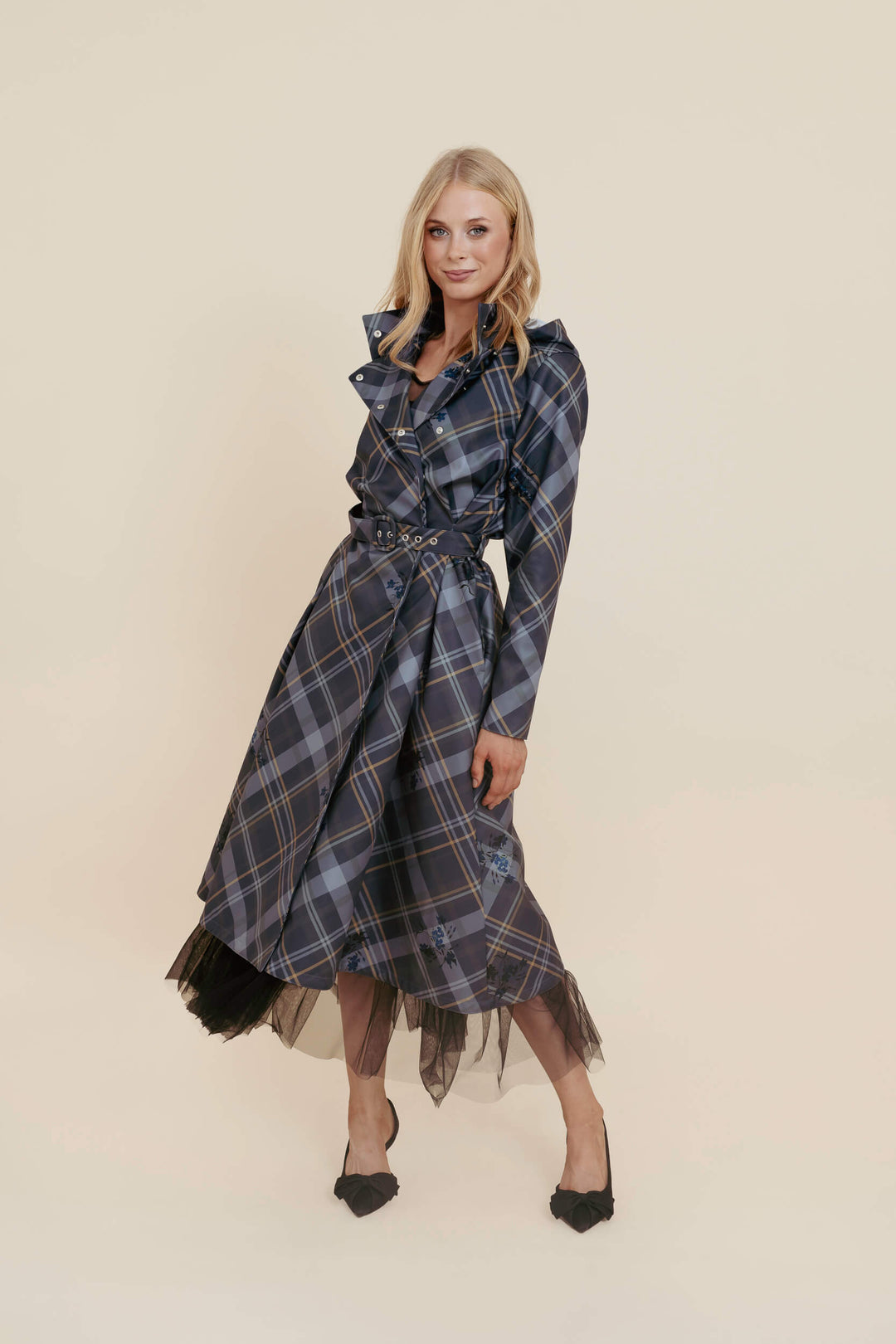 Sandara | Women’s plaid double-breasted trench coat with belt and detachable hood