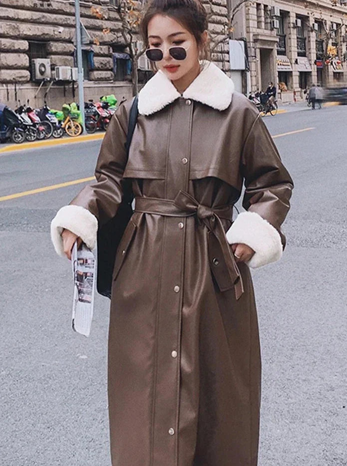 Nelly | Women’s long winter trench coat with belted waist and faux fur trim
