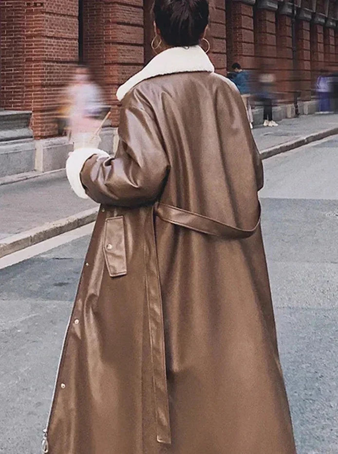 Nelly | Women’s long winter trench coat with belted waist and faux fur trim