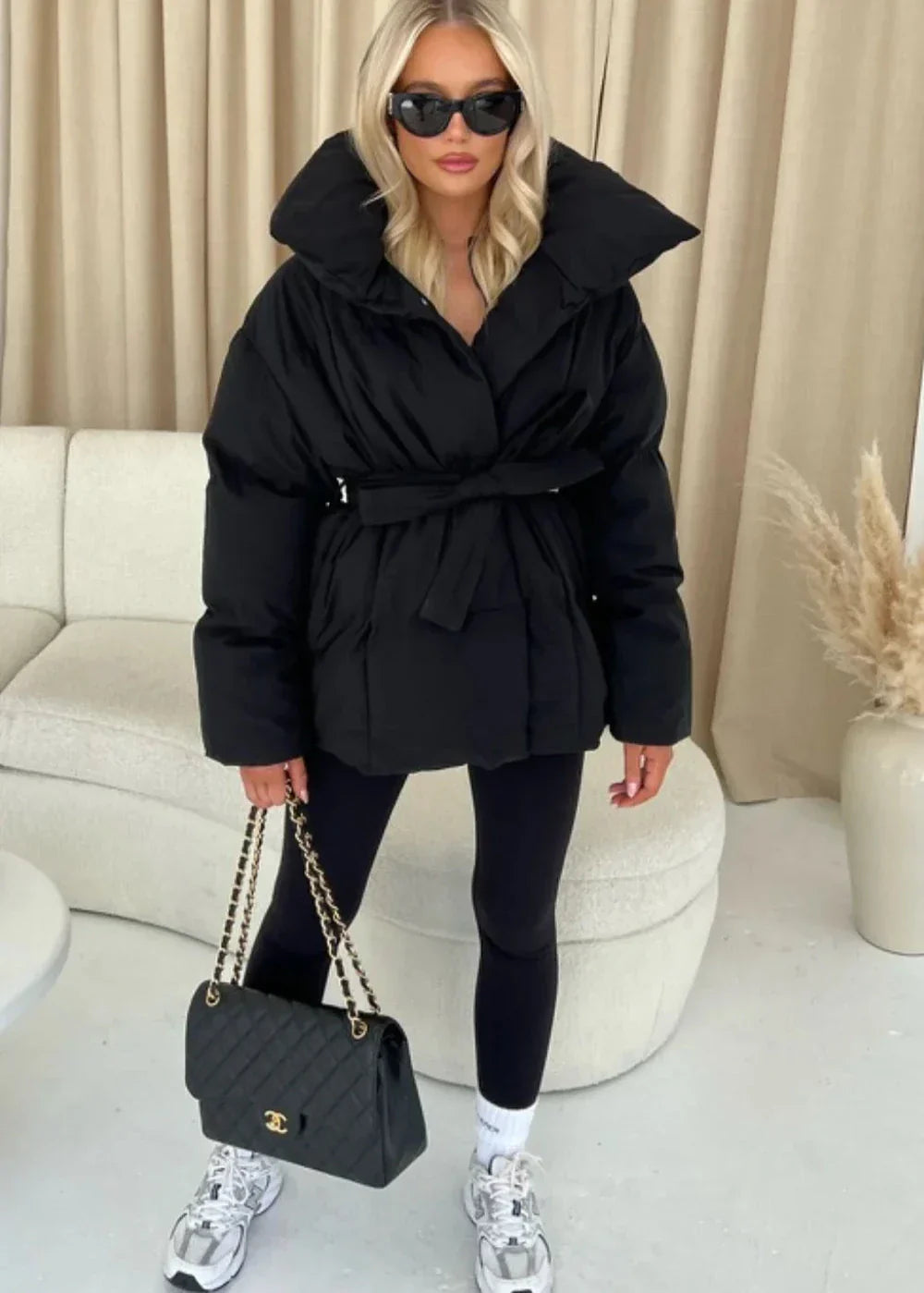 Harleen | Women’s belted quilted coat with oversized collar