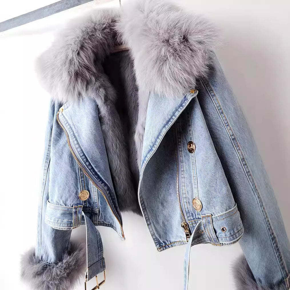 Elena | Women’s faux fur collared denim jacket