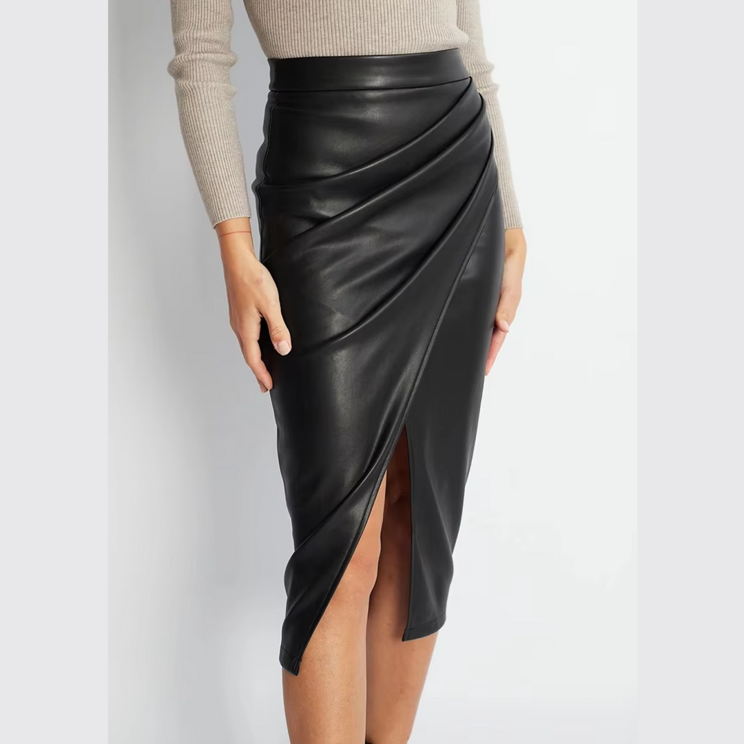 Stella | Women’s draped midi skirt with faux leather and front split