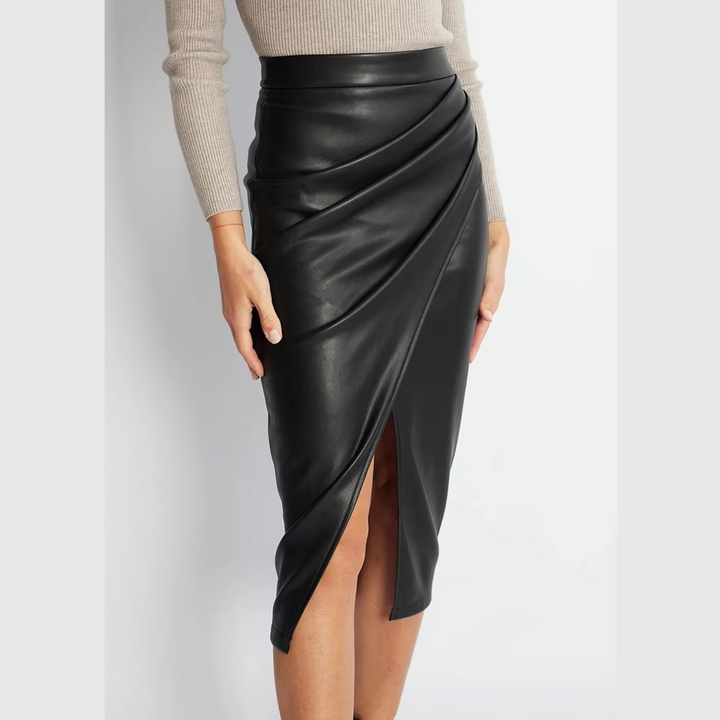 Stella | Women’s draped midi skirt with faux leather and front split