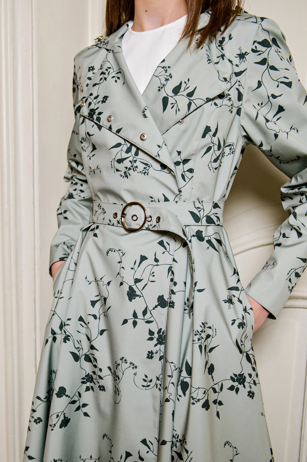 Angela | Women’s double-breasted floral trench coat with adjustable hood