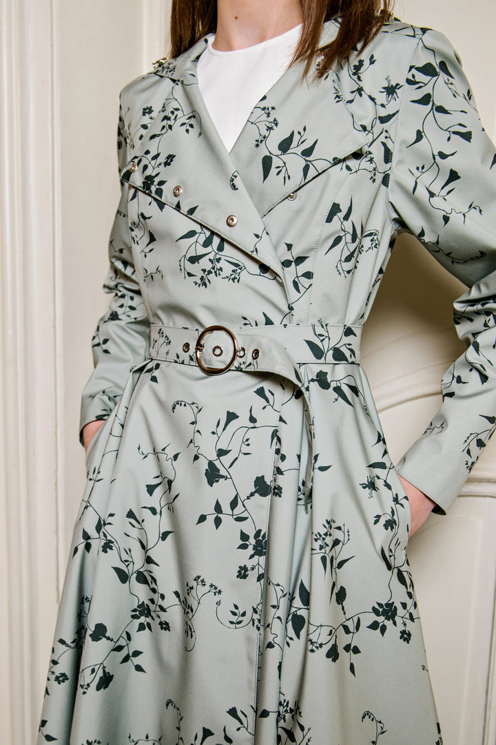 Angela | Women’s double-breasted floral trench coat with adjustable hood