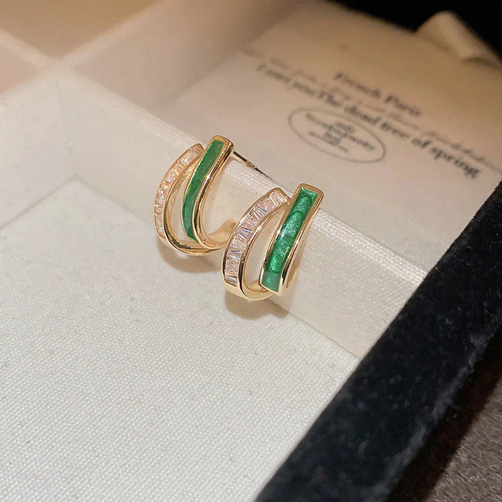 Fella | Women’s gold hoop earrings with green stone and crystal detail