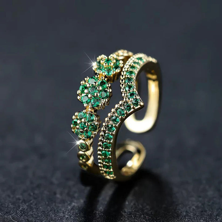 Nerissa | Women’s floral cluster ring with green stones and gold finish