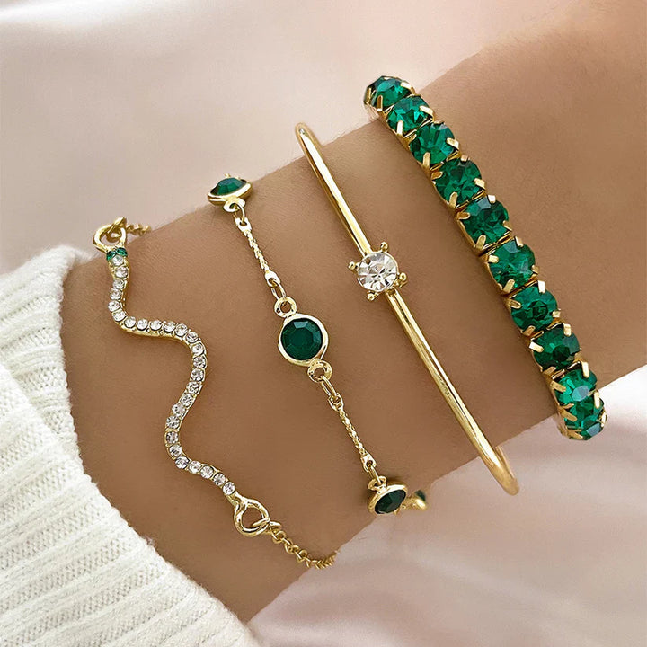 Jhacy | Women’s bracelet set with green gem stone accents and crystal details