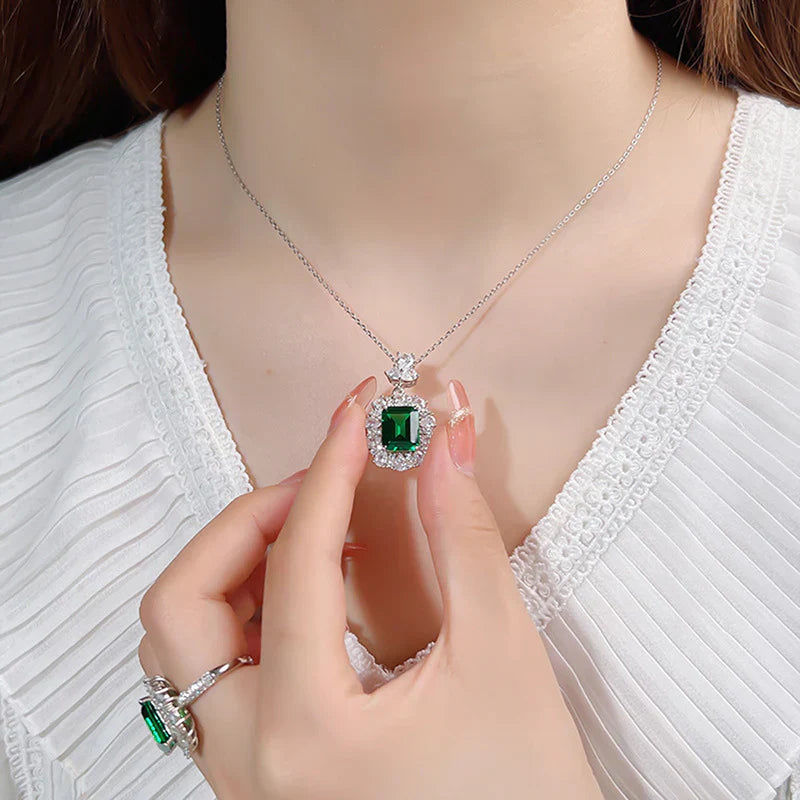 Mikha | Women’s emerald cut pendant necklace with crystal halo