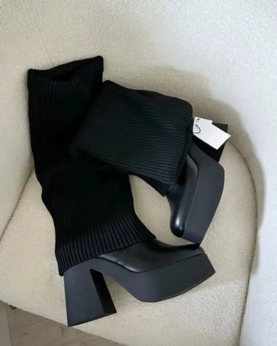 Rafaella | Women’s faux leather platform boots with ribbed knit detail