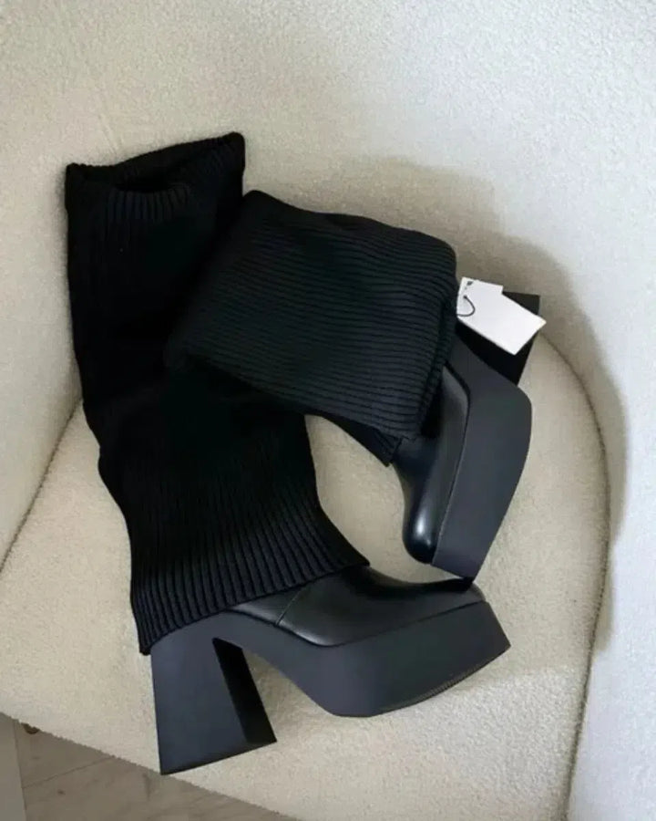 Rafaella | Women’s faux leather platform boots with ribbed knit detail