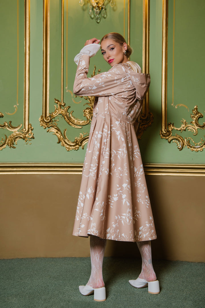 Jasmine | Women’s floral-pattern double-breasted trench coat with adjustable hood