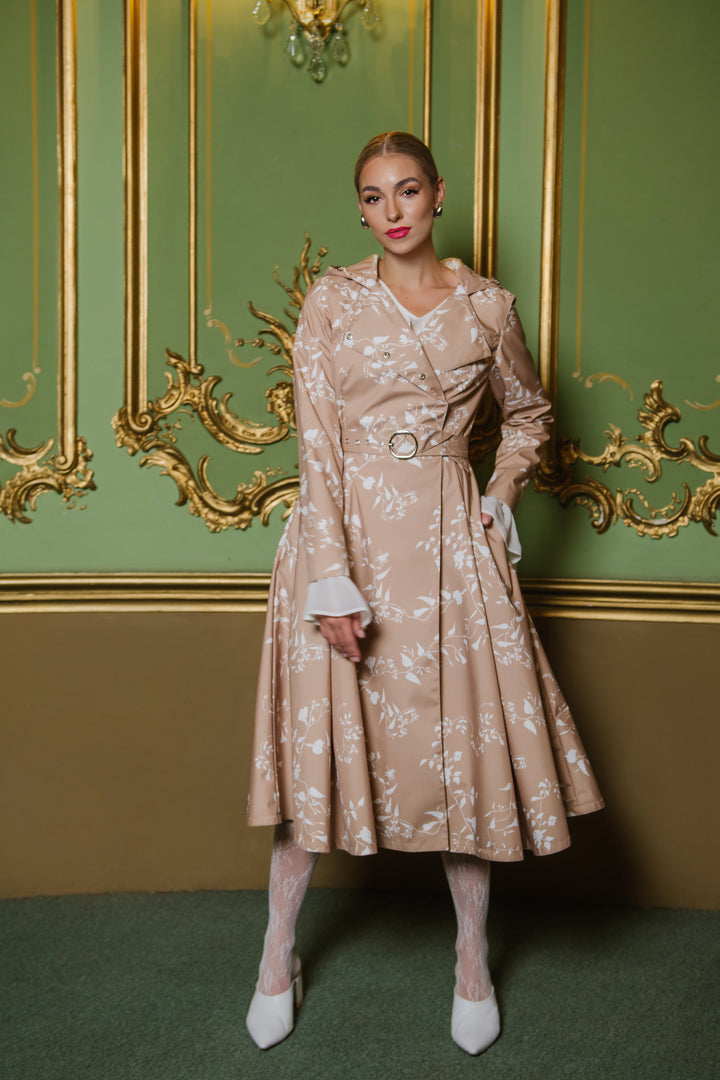 Jasmine | Women’s floral-pattern double-breasted trench coat with adjustable hood