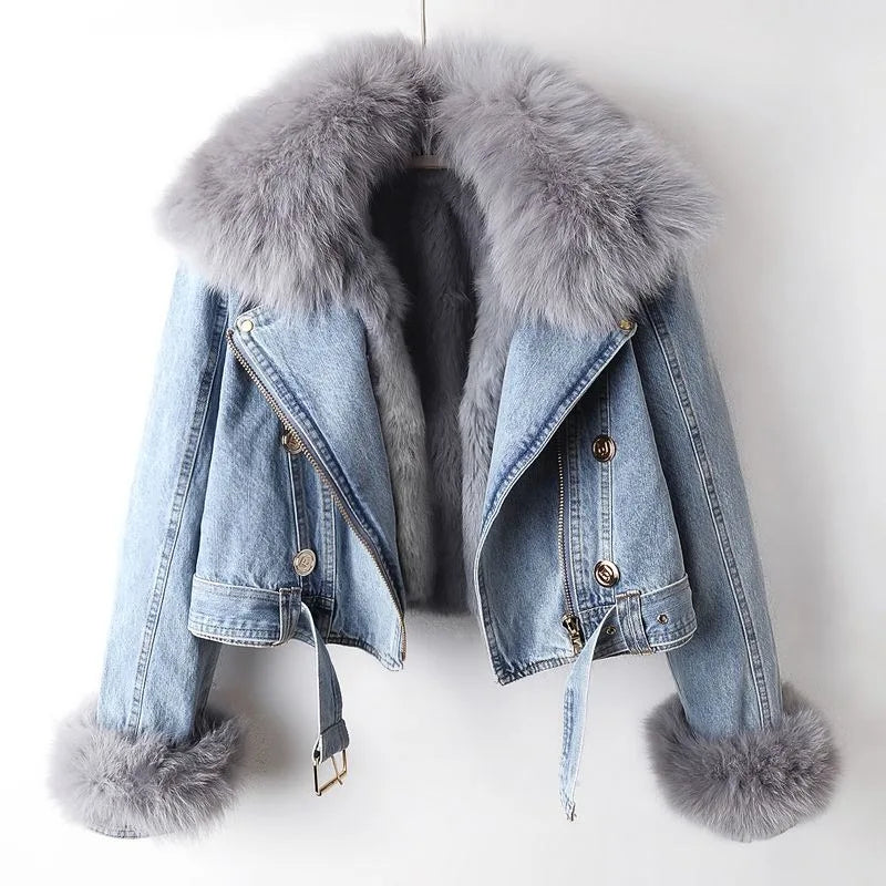 Elena | Women’s faux fur collared denim jacket