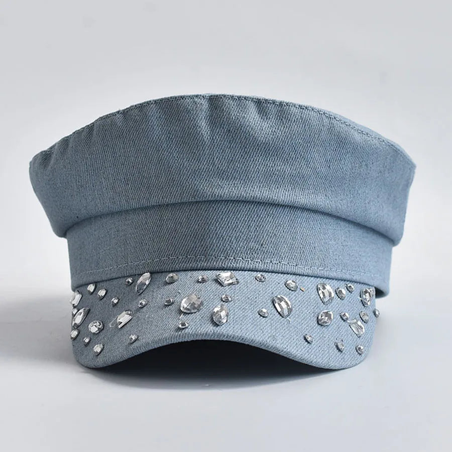 Alana | Women’s denim cabbie hat with gemstone accents