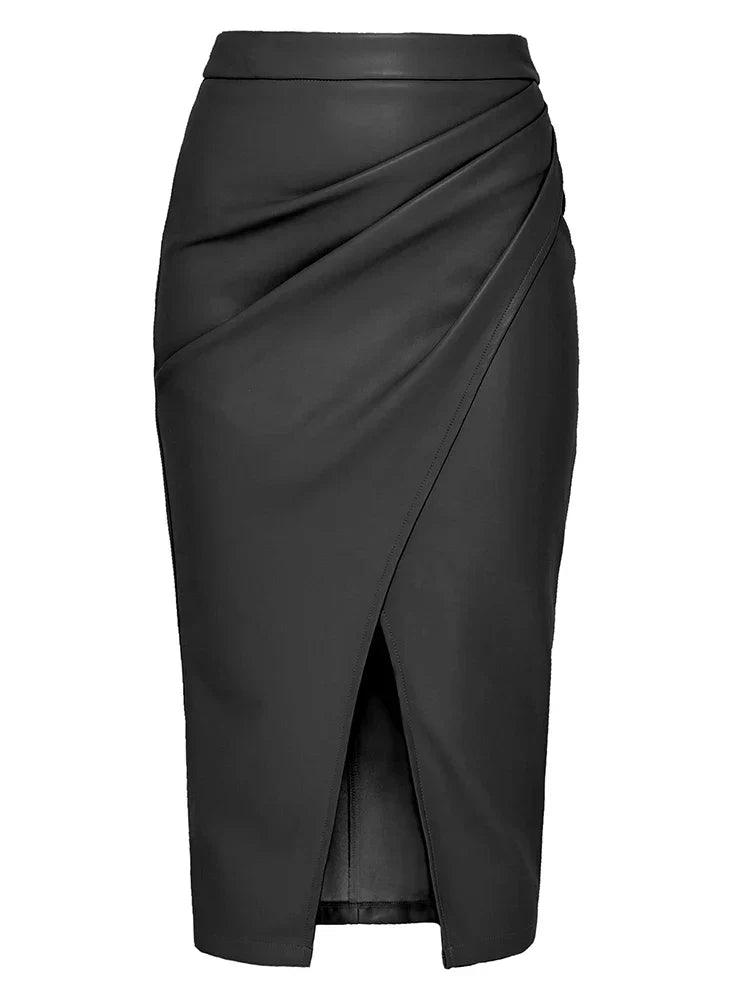 Stella | Women’s draped midi skirt with faux leather and front split