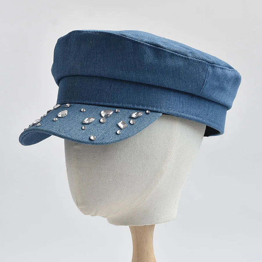 Alana | Women’s denim cabbie hat with gemstone accents