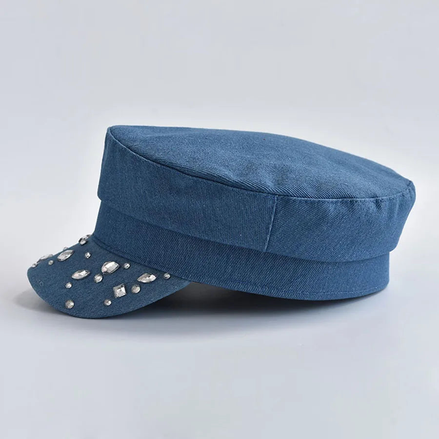 Alana | Women’s denim cabbie hat with gemstone accents